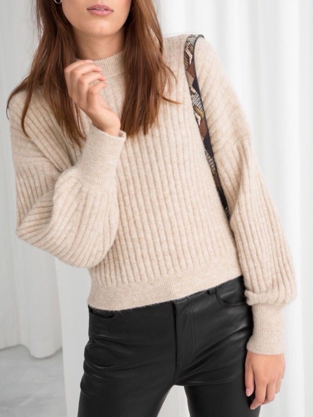 & Other Stories Alpaca Blend Cropped Crewneck Rib Sweater in Tan / Cream XS